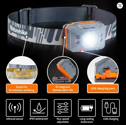 Linterna Frontal Led Naturehike Recargable Usb Sensor Blanco Gris